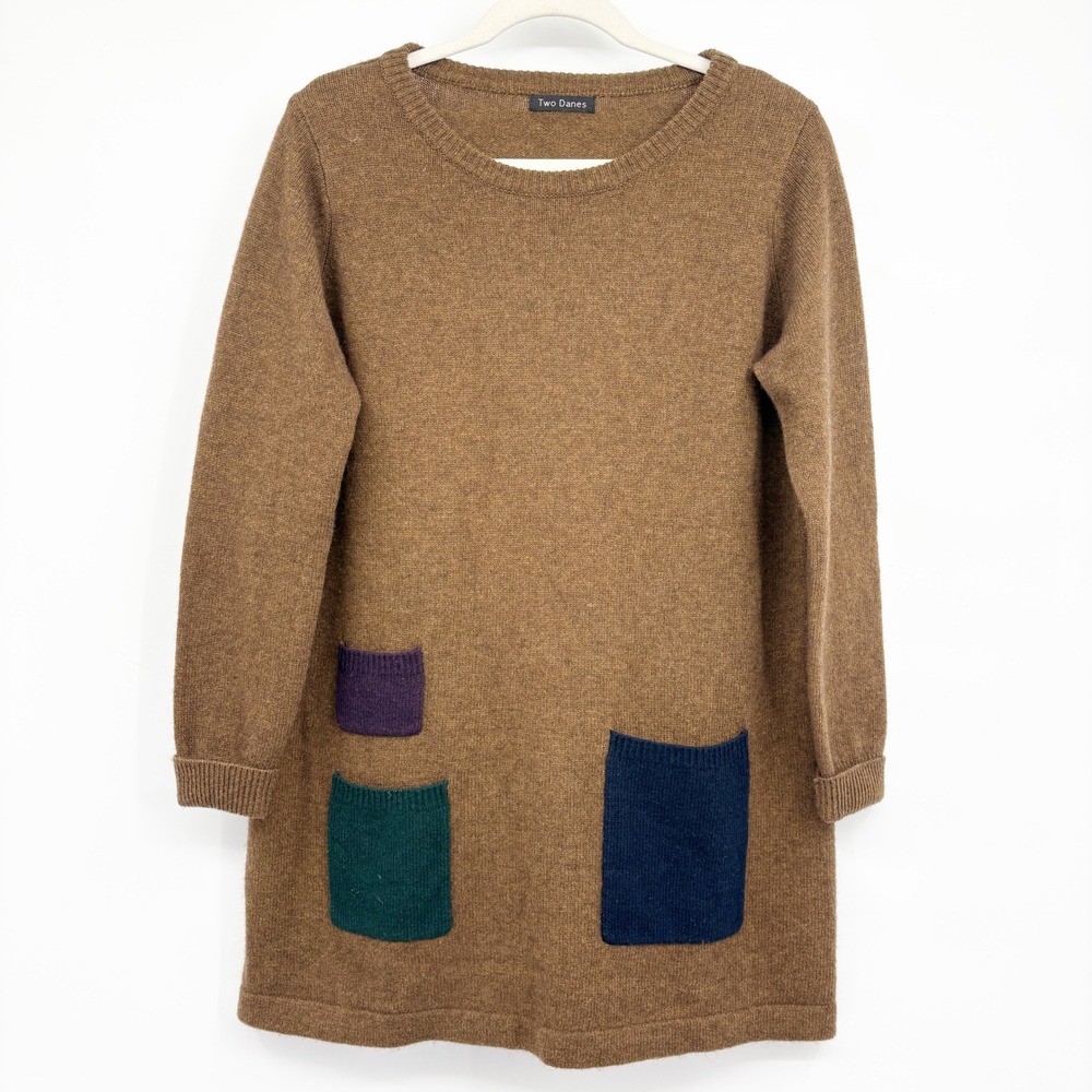 Two Danes Womens Yak Merino Wool Colorblock Pocket Lagenlook Tunic Sweater Small